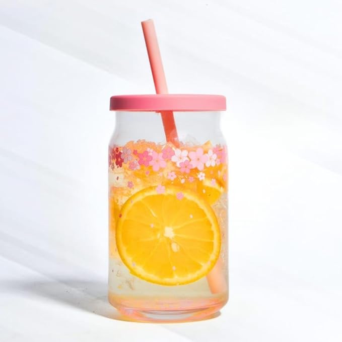 Pink Flower Glass Cup with Wooden Lid, Glass Straw - Beer Shaped, 400ML Iced Coffee Drinking Glasses, Cute Glass Cup for Smoothies, Boba Tea, Whiskey, Water