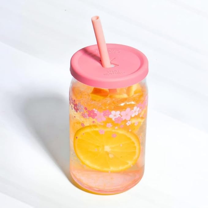 Pink Flower Glass Cup with Wooden Lid, Glass Straw - Beer Shaped, 400ML Iced Coffee Drinking Glasses, Cute Glass Cup for Smoothies, Boba Tea, Whiskey, Water