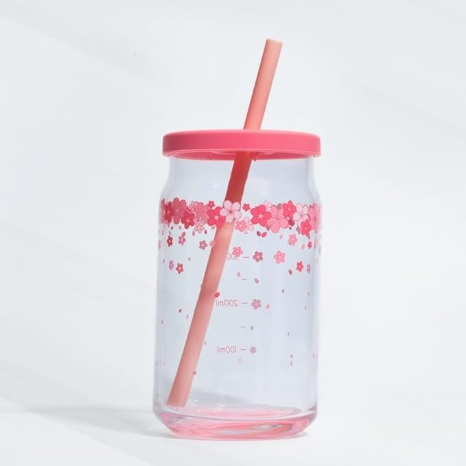 Pink Flower Glass Cup with Wooden Lid, Glass Straw - Beer Shaped, 400ML Iced Coffee Drinking Glasses, Cute Glass Cup for Smoothies, Boba Tea, Whiskey, Water