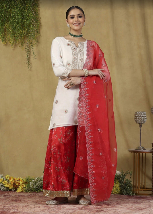 Garden Vareli Women's Red Party Three Quarter Sleeves Kurta Sets With Dupatta