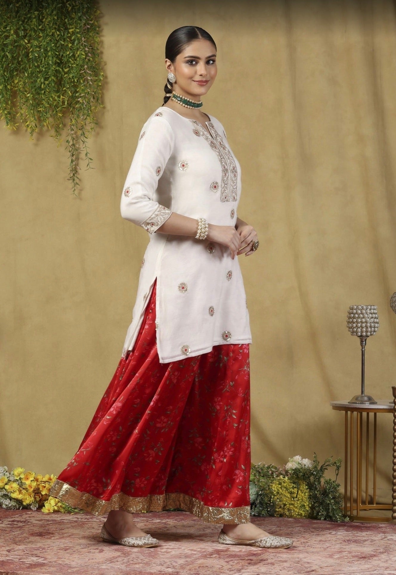 Garden Vareli Women's Red Party Three Quarter Sleeves Kurta Sets With Dupatta