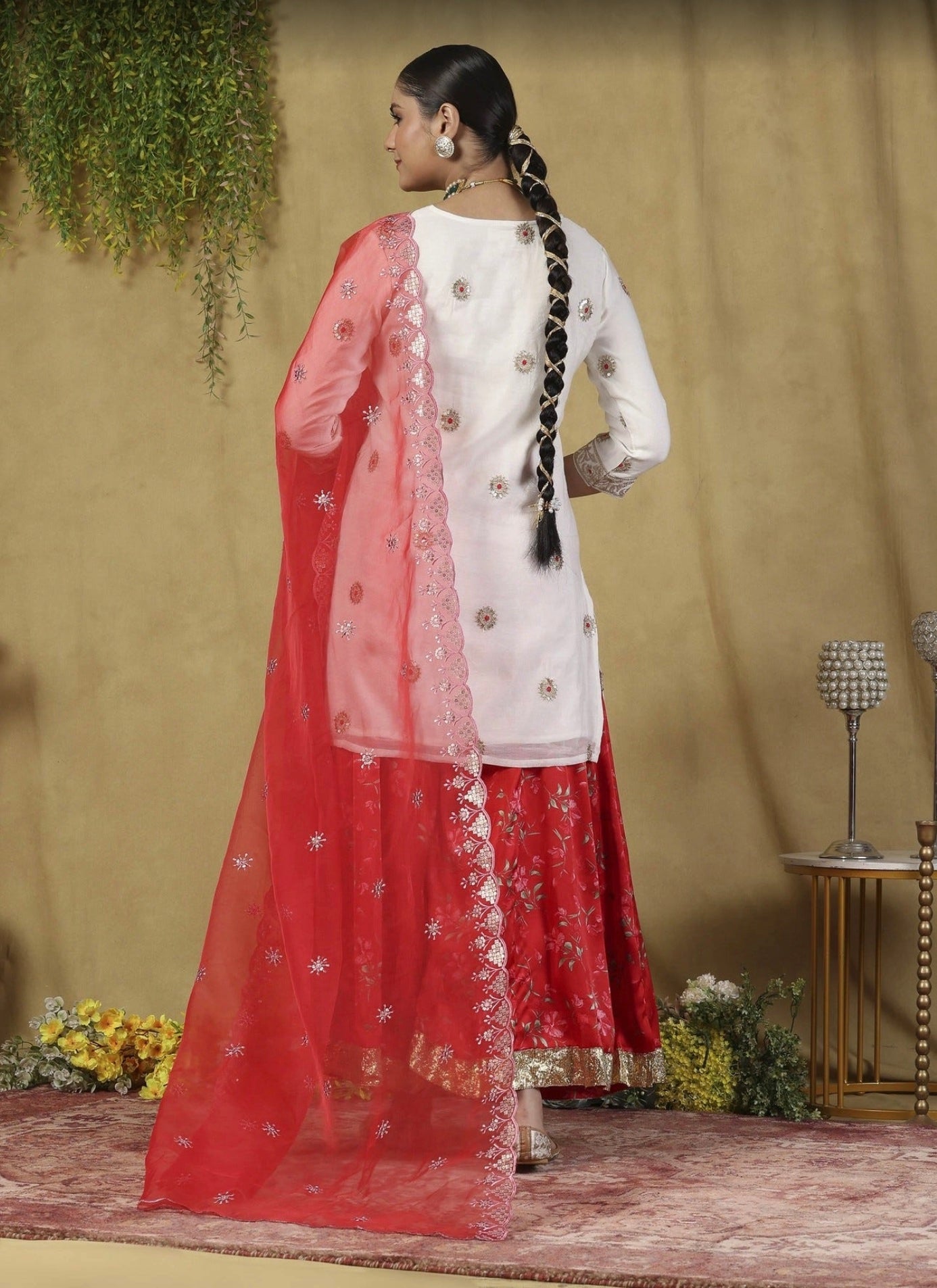 Garden Vareli Women's Red Party Three Quarter Sleeves Kurta Sets With Dupatta